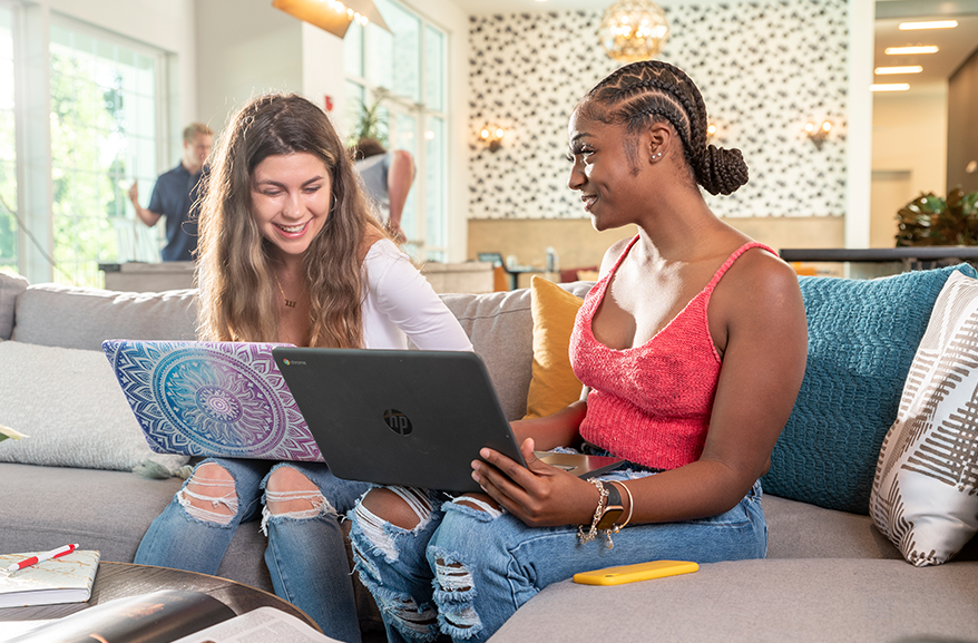 Young young woman having a conversation while using their laptop computers